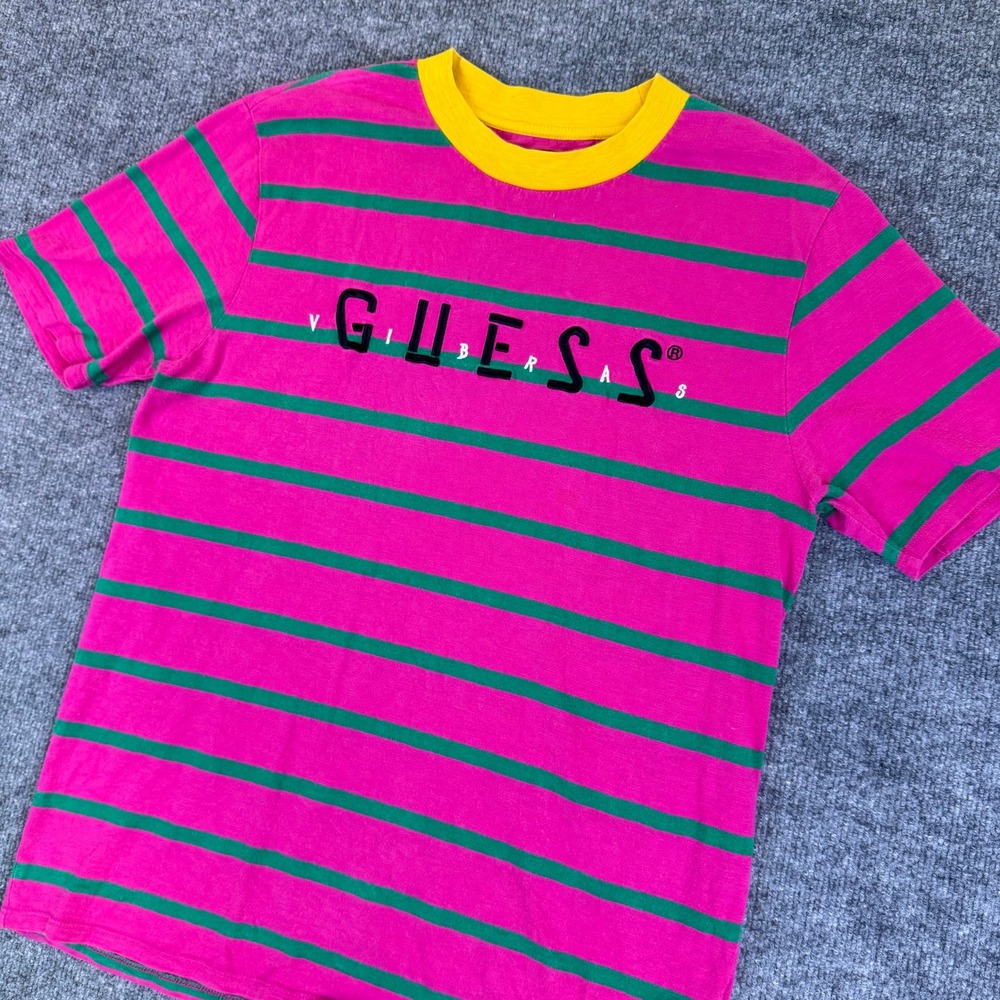 Guess x J Balvin Vibras Tour Striped T-Shirt Mens XS Pink Green Yellow Logo Tee
